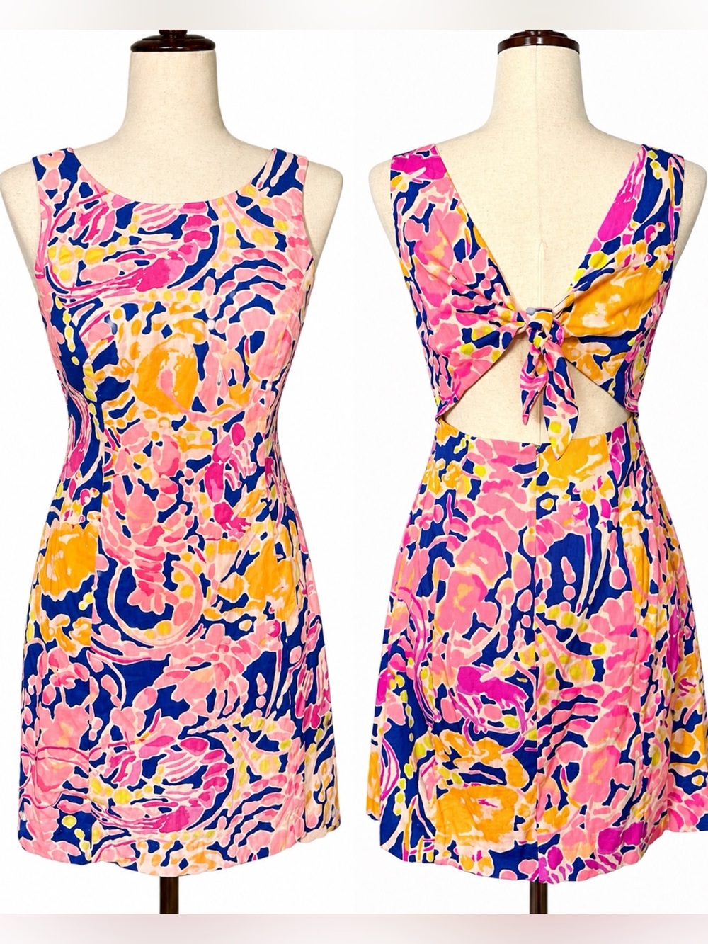 Lilly Pulitzer jersey knit fitted saturated print dress w/ open back- tie. XS